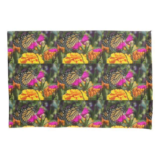 Monarch butterfly on pink marigold pillowcase (Front)