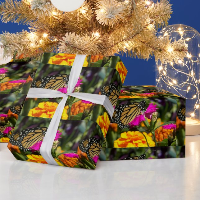 Monarch Butterfly on pink marigold-wrapping paper (Holidays)