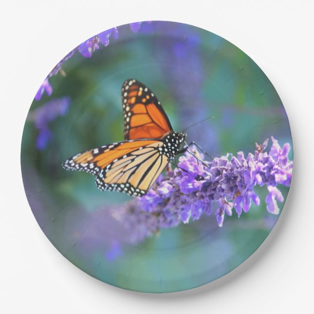 Monarch Butterfly on Purple lilac Flower Paper Plate (Front)
