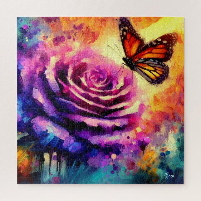 Monarch Butterfly on Purple Rose at Sunset Floral Jigsaw Puzzle (Vertical)