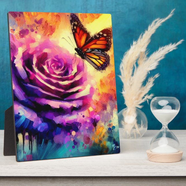 Monarch Butterfly on Purple Rose at Sunset Floral Plaque (Side)