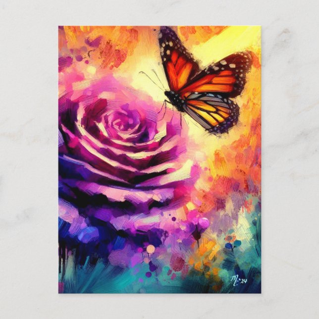 Monarch Butterfly on Purple Rose at Sunset Floral Postcard (Front)