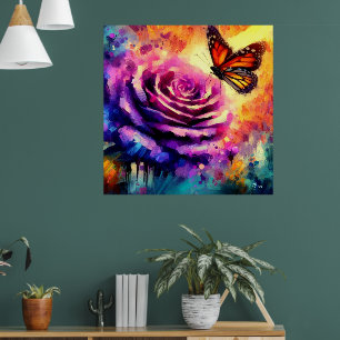 Monarch Butterfly on Purple Rose at Sunset Floral Poster