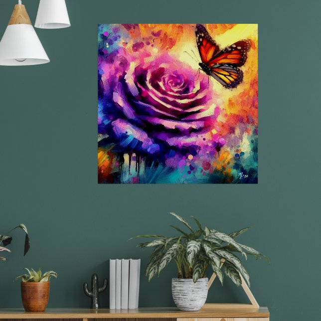 Monarch Butterfly on Purple Rose at Sunset Floral Poster (Living Room 1)