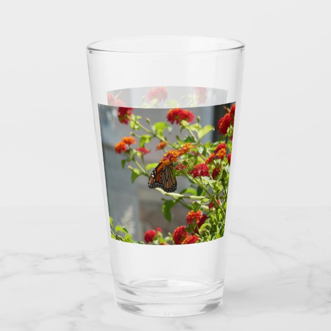 Monarch Butterfly on Red Butterfly Bush Glass (Front)