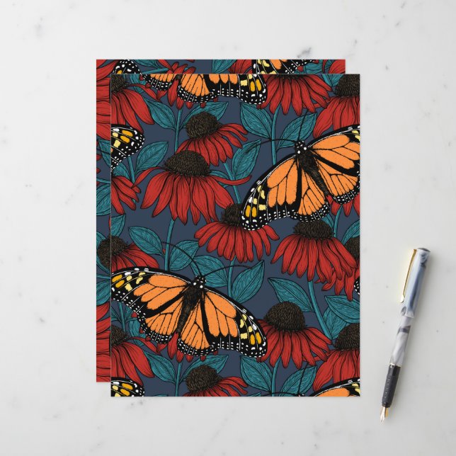 Monarch butterfly on red coneflowers (Front/Back In Situ)