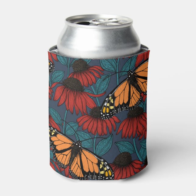 Monarch butterfly on red coneflowers can cooler (Can Front)