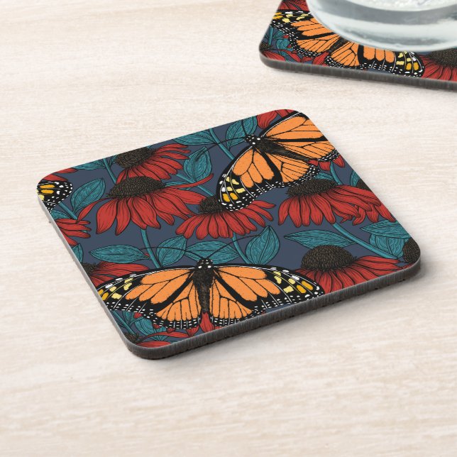 Monarch butterfly on red coneflowers coaster (Left Side)
