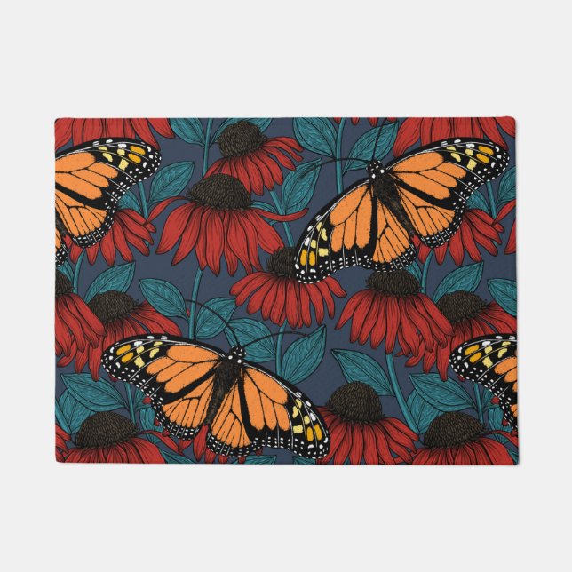 Monarch butterfly on red coneflowers doormat (Front)