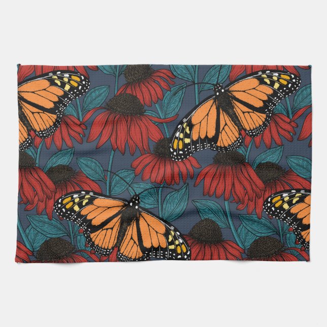 Monarch butterfly on red coneflowers kitchen towel (Horizontal)