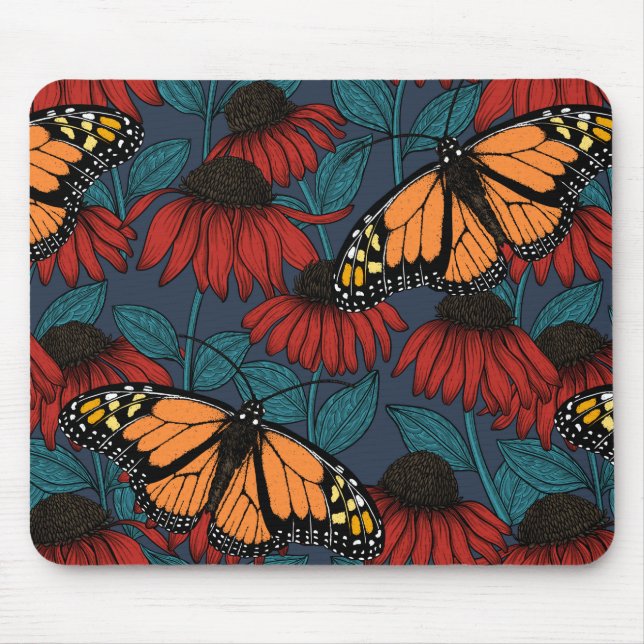 Monarch butterfly on red coneflowers mouse pad (Front)