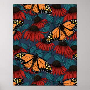 Monarch butterfly on red coneflowers poster
