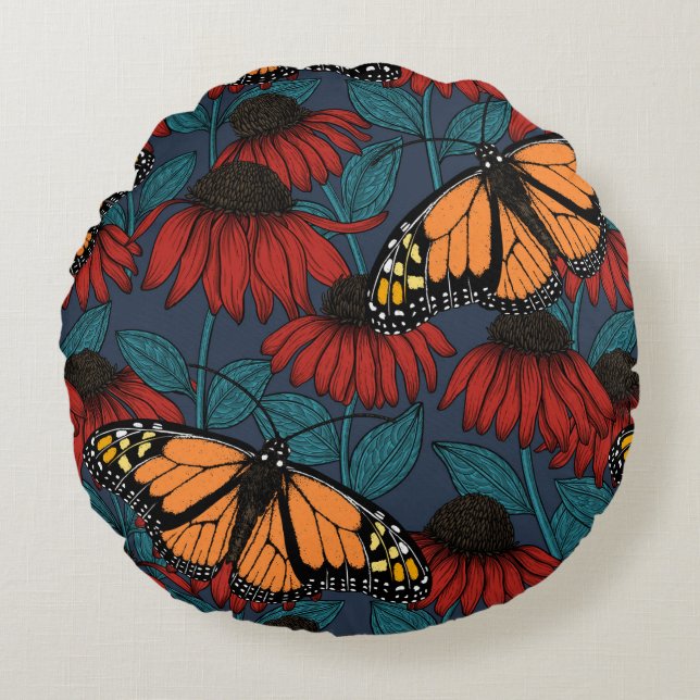 Monarch butterfly on red coneflowers round pillow (Front)