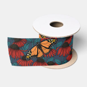 Monarch butterfly on red coneflowers satin ribbon