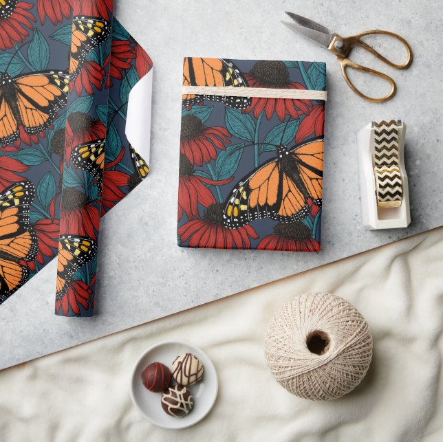 Monarch butterfly on red coneflowers wrapping paper (Crafts)