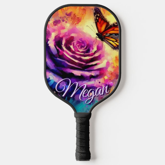 Monarch Butterfly on Rose at Sunset Personalized Pickleball Paddle (Front)