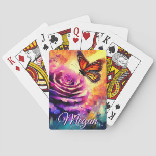 Monarch Butterfly on Rose at Sunset Personalized Playing Cards