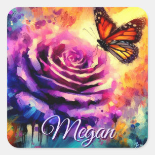 Monarch Butterfly on Rose at Sunset Personalized Square Sticker
