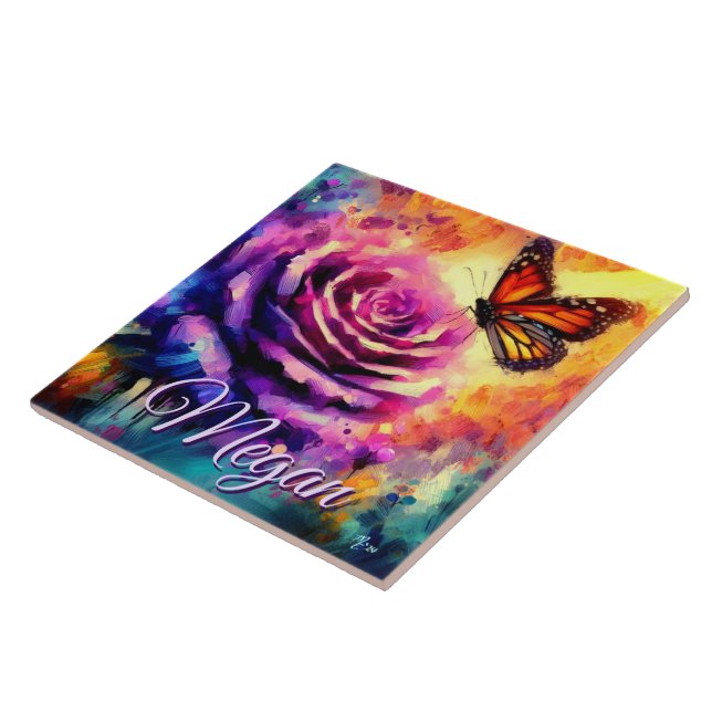 Monarch Butterfly on Rose at Sunset Personalized Tile (Side)