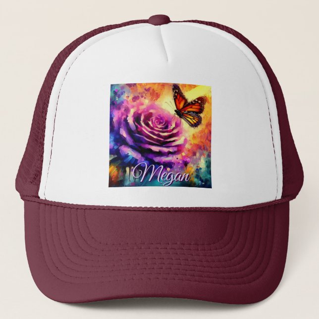 Monarch Butterfly on Rose at Sunset Personalized Trucker Hat (Front)