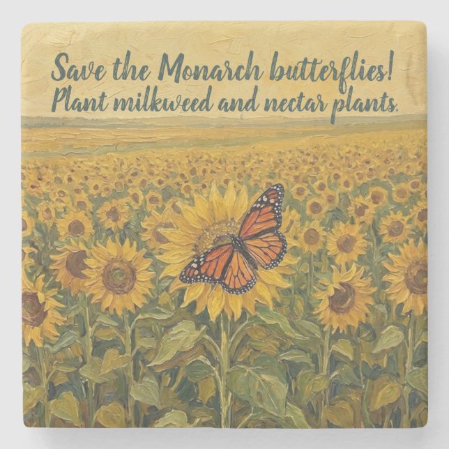 Monarch butterfly on sunflower stone coaster (Front)