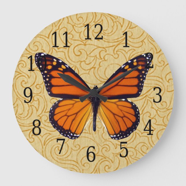 Monarch Butterfly On Swirl Wood Grain Clock (Front)