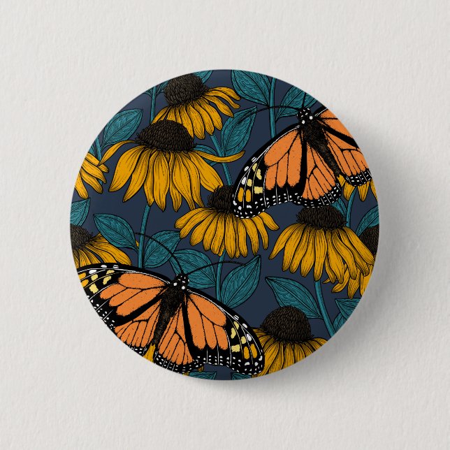 Monarch butterfly on yellow coneflowers 2 inch round button (Front)