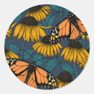 Monarch butterfly on yellow coneflowers classic round sticker