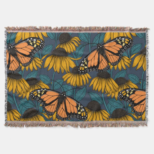 Monarch butterfly on yellow coneflowers throw blanket (Front)