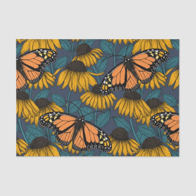 Monarch butterfly on yellow coneflowers tissue paper (Front)