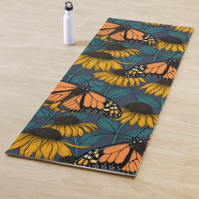 Monarch butterfly on yellow coneflowers yoga mat (In Situ)
