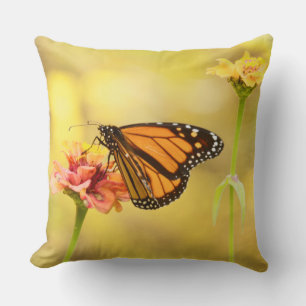 Monarch Butterfly on Zinnia Throw Pillow