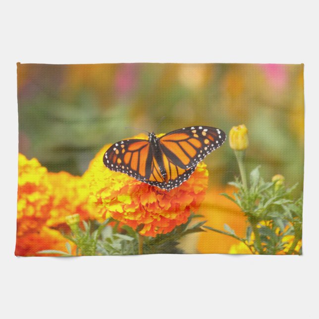 Monarch Butterfly Orange Marigold Photo Kitchen Towel (Horizontal)