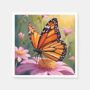Monarch Butterfly Pink Flower Floral Painting Napkin