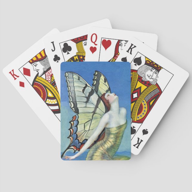 Monarch Butterfly Red Hair Vintage Fairy Playing Cards (Back)