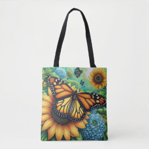 Monarch Butterfly resting on Sunflowers Tote Bag