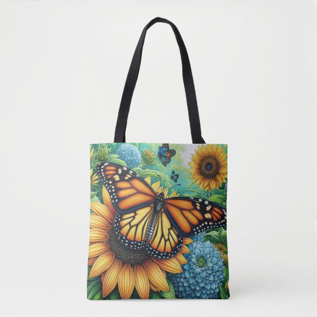 Monarch Butterfly resting on Sunflowers Tote Bag (Front)