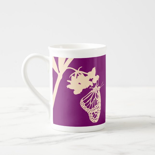 Monarch Butterfly Silhouette against Purple Bone China Mug (Left)