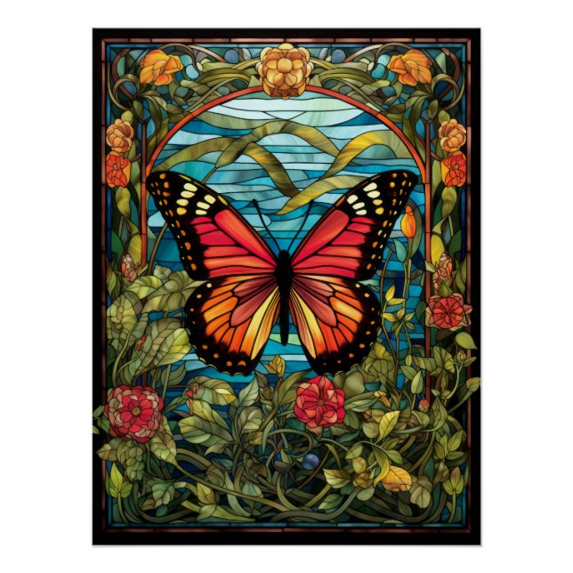 Monarch Butterfly Stained Glass Window Design Poster (Front)