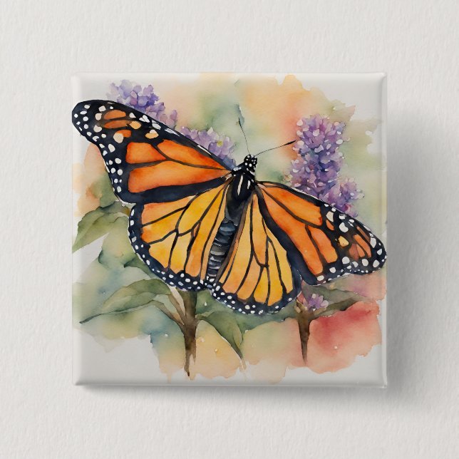  Monarch Butterfly Watercolor Print 2 Inch Square Button (Front)