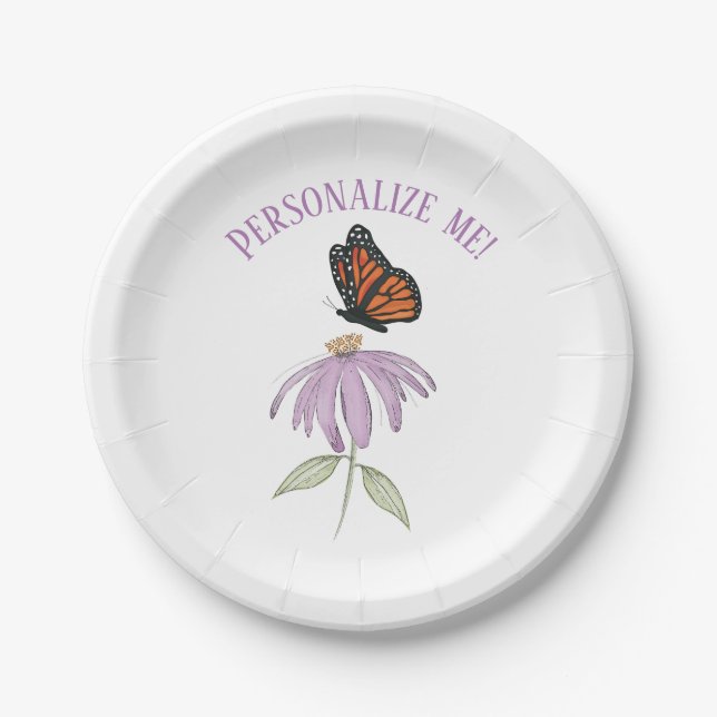 Monarch Butterfly with Purple Cone Flower Paper Plate (Front)