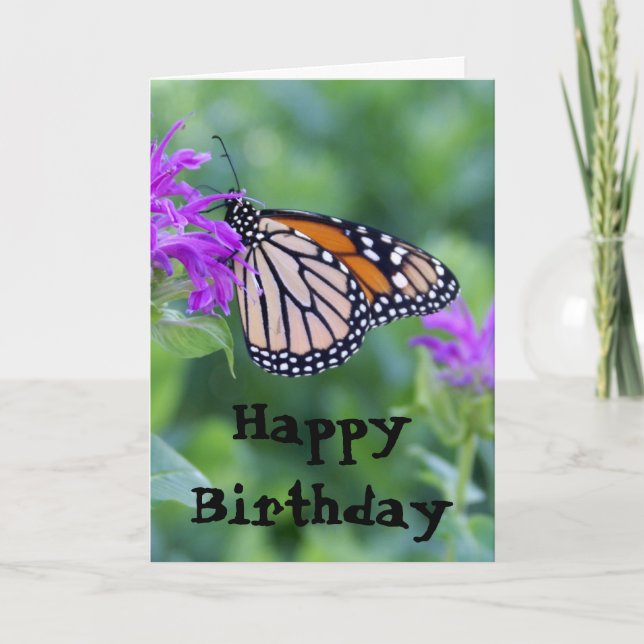 Monarch on Purple Flower, Happy Birthday Card (Front)