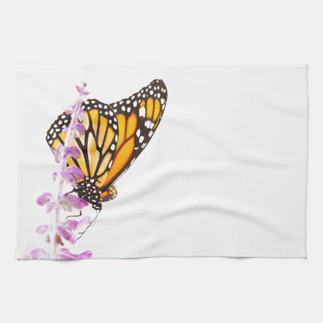 Monarch perched on lavender kitchen towel (Horizontal)