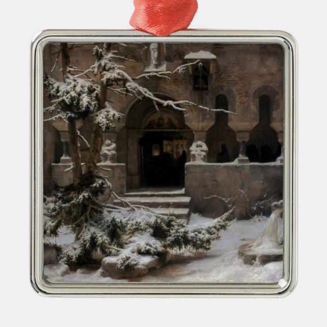Monastery in Winter Snow (by Karl Lessing) Metal Ornament (Front)