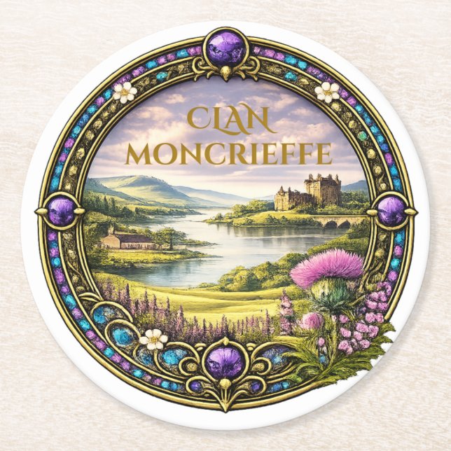 Moncrieffe Scottish Clan Tartan & Crest Round Paper Coaster (Front)