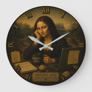 Monday Funny Mona Lisa Office Worker Coffee Humor Large Clock