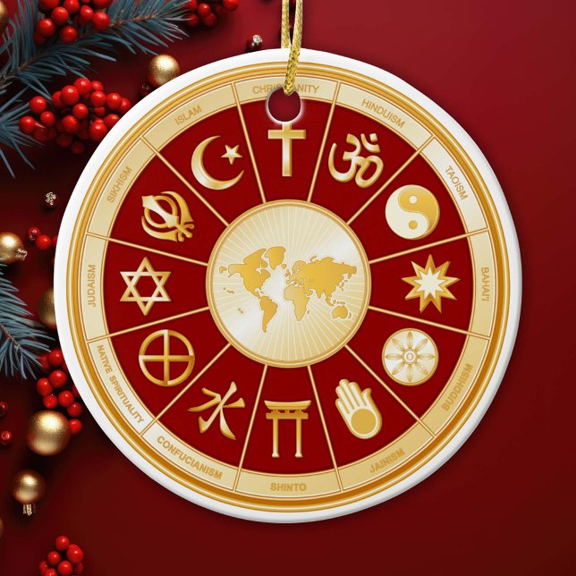 Monde de la Foi ornement céramique (Gold symbols of international religions surround a world map. )