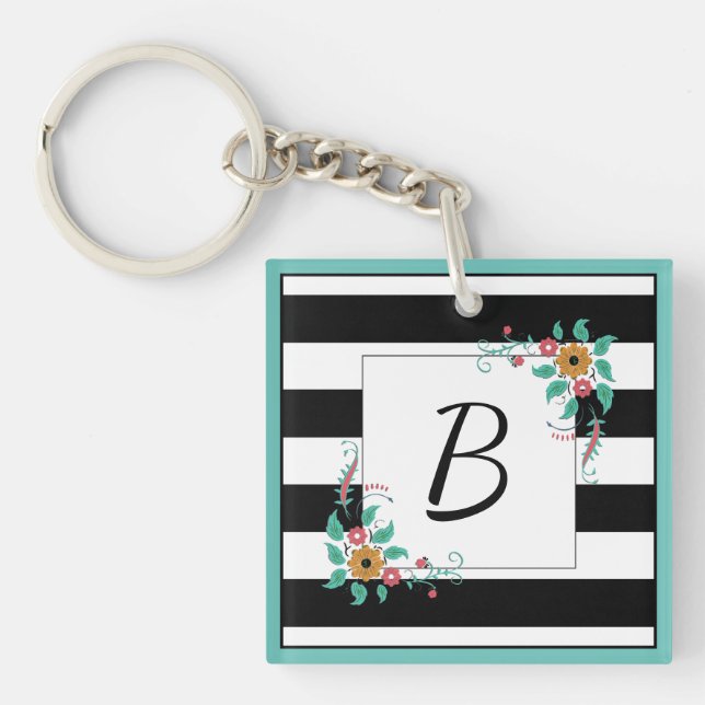 Mondern Black Stripes and Floral Monogram Keychain (Front)