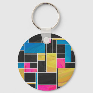 Mondrian Blue Pink Black Print Keychain