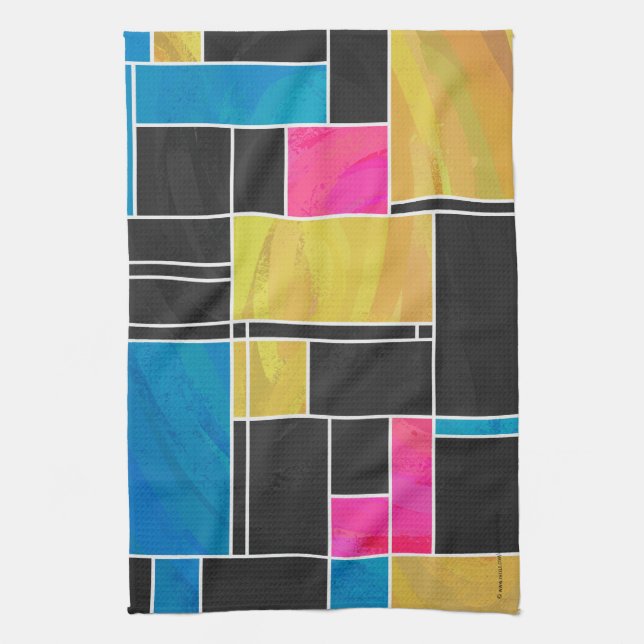 Mondrian Blue Pink Black Print Kitchen Towel (Vertical)
